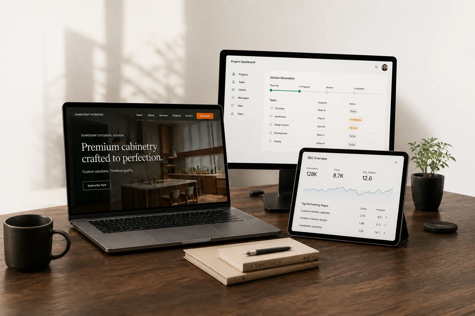 Connected website, project workflow and search analytics workspace